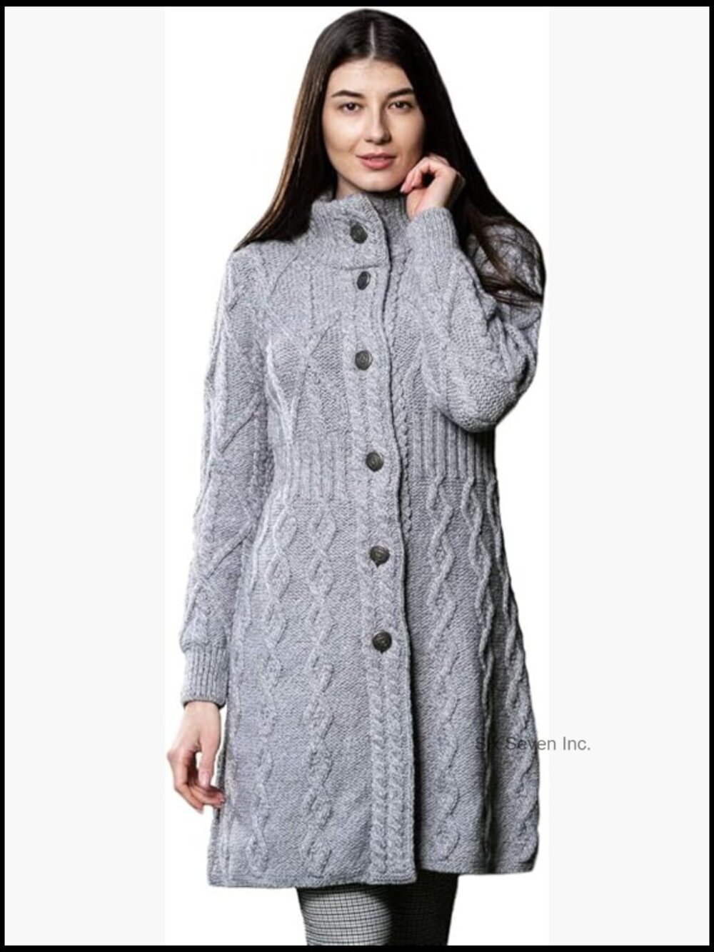 100% Merino Wool Irish Cardigan with Celtic Knot Buttons - Long Cable Knit Coat
